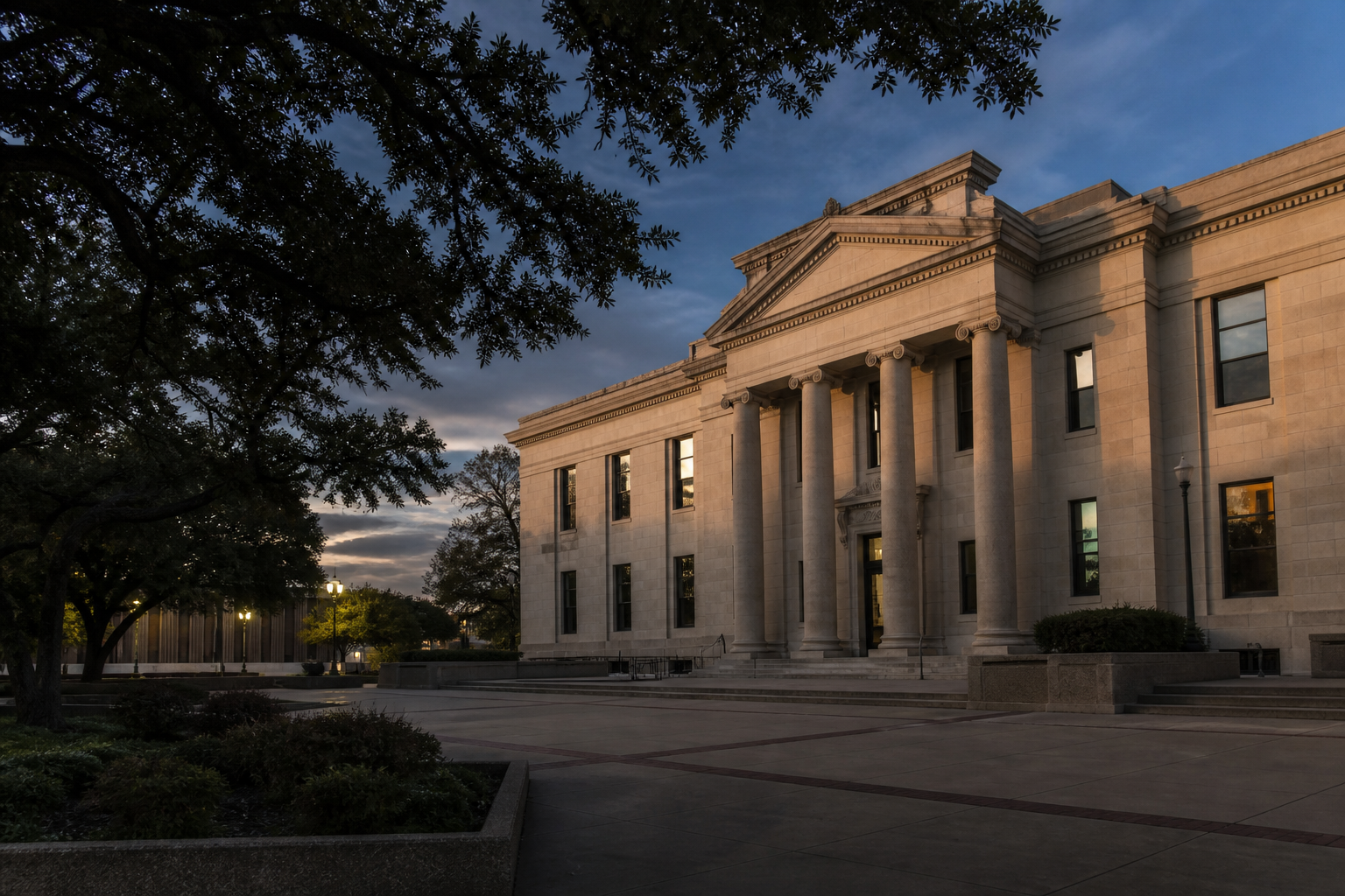 Dusk still of a Texas civic courthouse building in Arlington